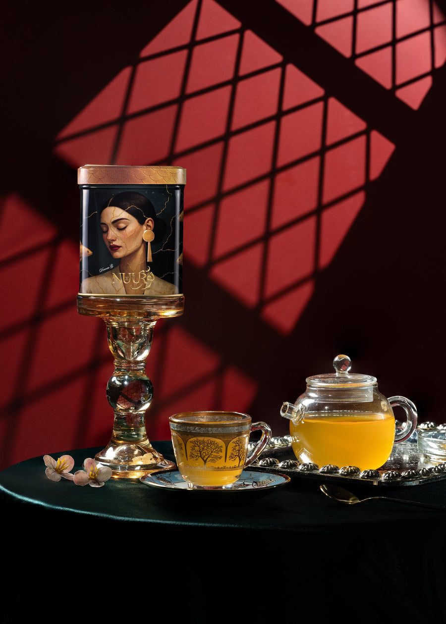 Golden Aura artwork tin — kintsugi muse, red window editorial