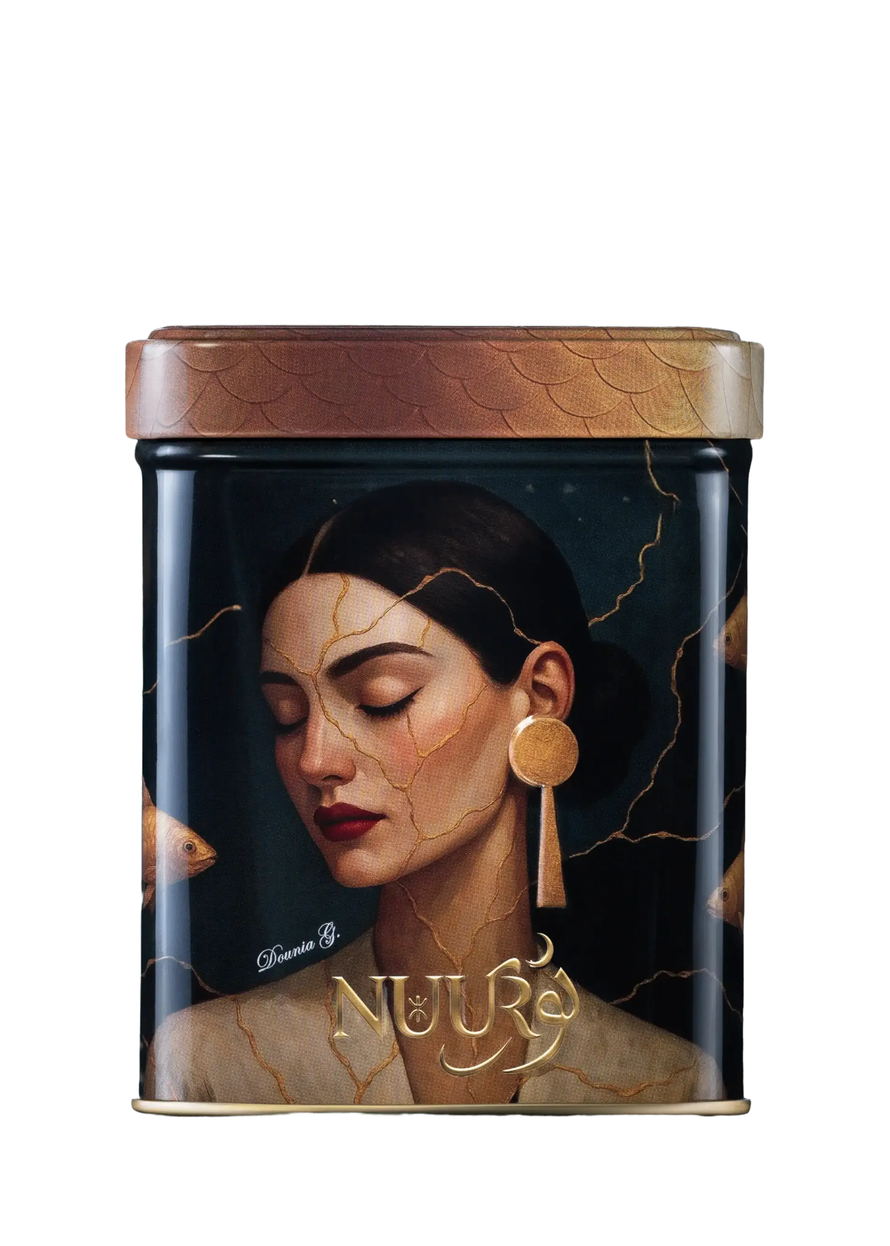 Golden Aura artwork tin — kintsugi muse with gold seams