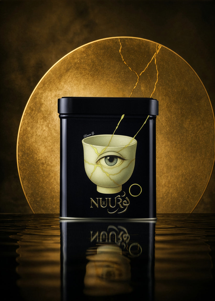 I Glow kintsugi-eye artwork tin before a golden disc