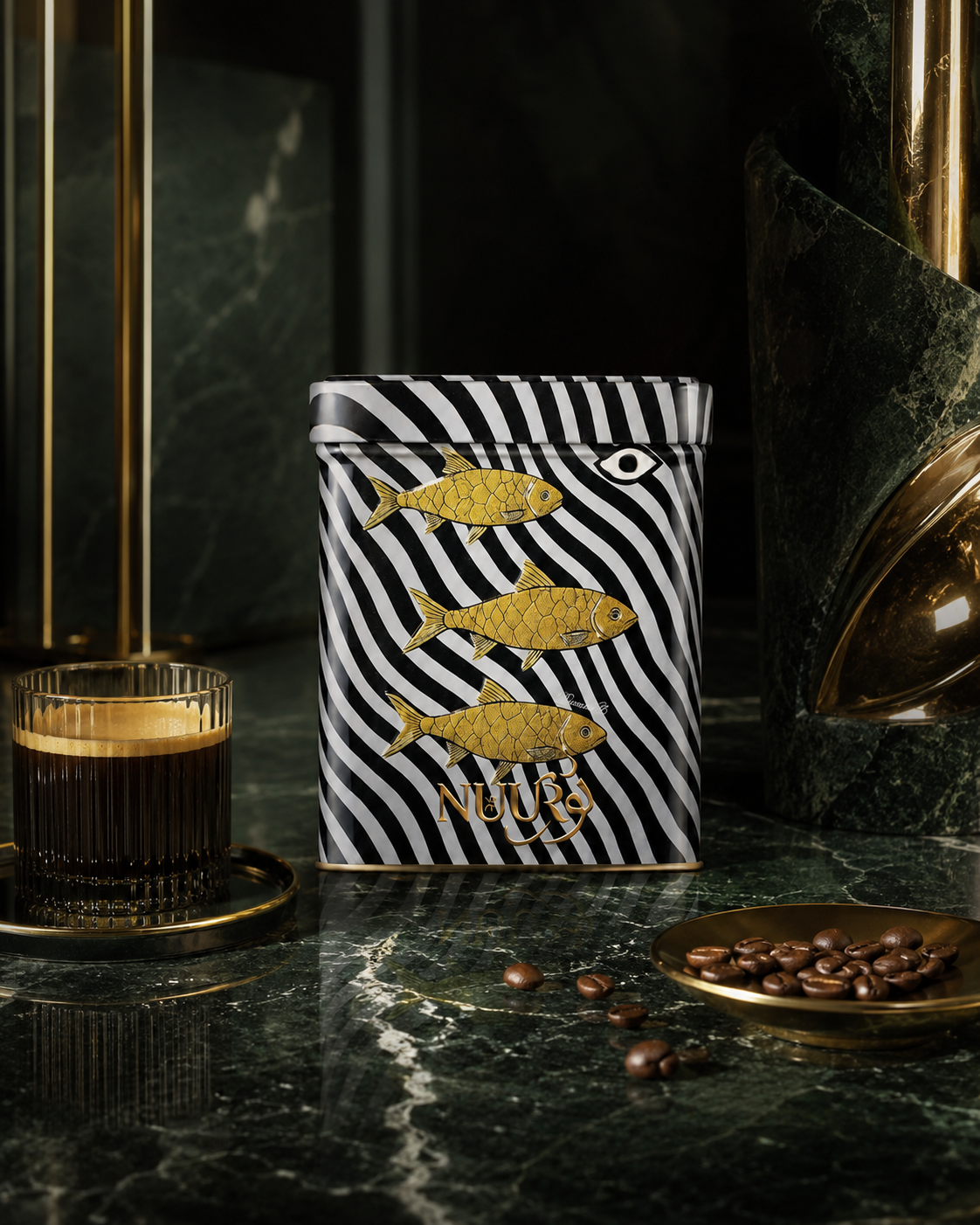 Manaima artwork tin — three gold fish on zebra waves