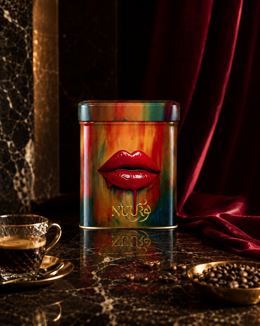 Moka Bliss tin beside a fresh espresso and coffee beans on dark marble — First Light edition