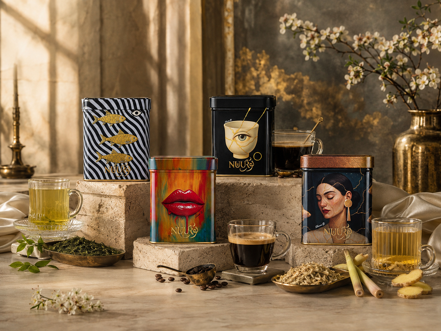 The four First Light artwork tins with their brews and botanicals — coffee beans, Sencha leaves, lemongrass and ginger