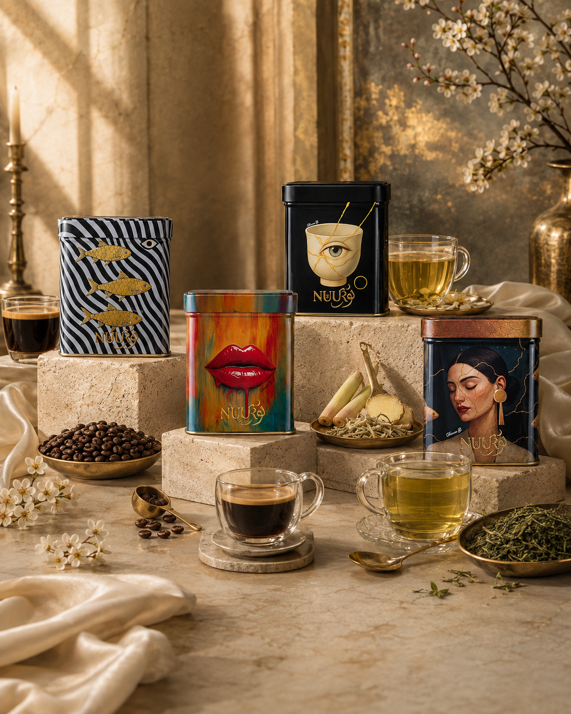 The Complete Edition — First Light: four artwork tins on travertine stone with brewed coffee, Sencha and lemongrass-ginger infusion