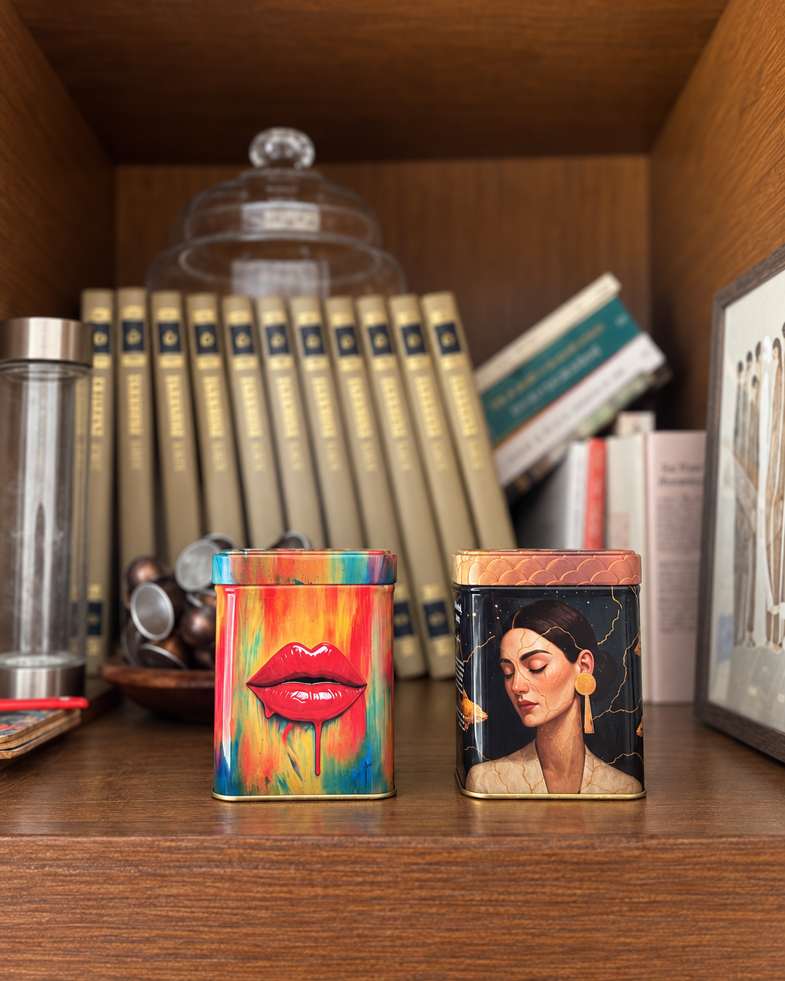 NUUR art tins nestled among books on a wooden shelf