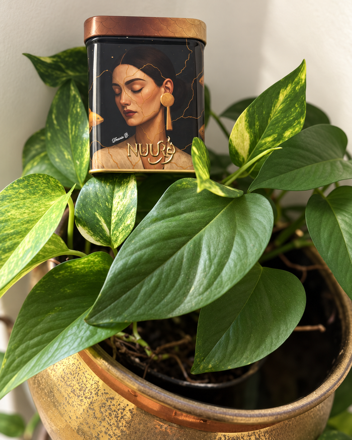 NUUR portrait art tin surrounded by green leaves